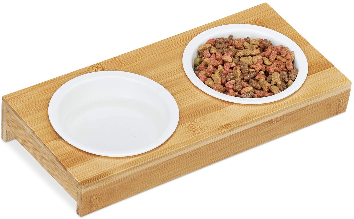 Famanu – Dubbele voerbak met standaard van bamboe voor katten en kleine honden, 2 keramische eetbakjes, natuur/wit