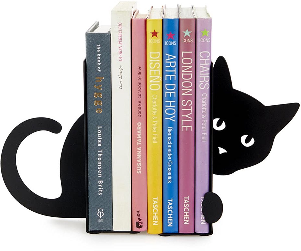 Famanu – Boekenstandaard in kattenvorm van metaal, zwart, voor boekenplank of bureau, set van 2 eenheden