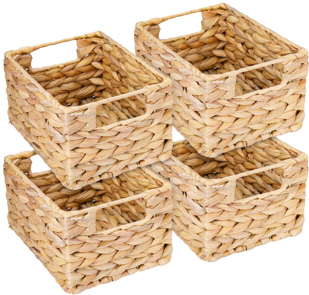 Famanu – Gevlochten opbergmand van waterhyacint, decoratieve mand met draaggrepen voor badkamer, keuken en woonruimte, set van 4, maat S, 22 x 17 x 12 cm, naturel