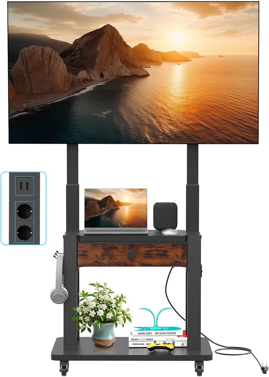 TV-standaard op Wielen – Verstelbaar 32-75 Inch – Met Stopcontact, USB en Opbergruimte – VESA 600x400 mm