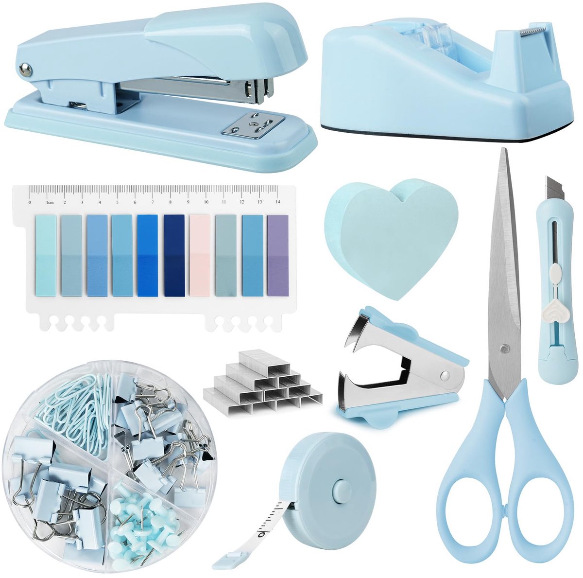 Famanu – Bureau-accessoireset met kantoorbenodigdheden, inclusief nietmachine, plakbandhouder, nietjesverwijderaar, nietjes, clips, schaar en rolmaat, blauw