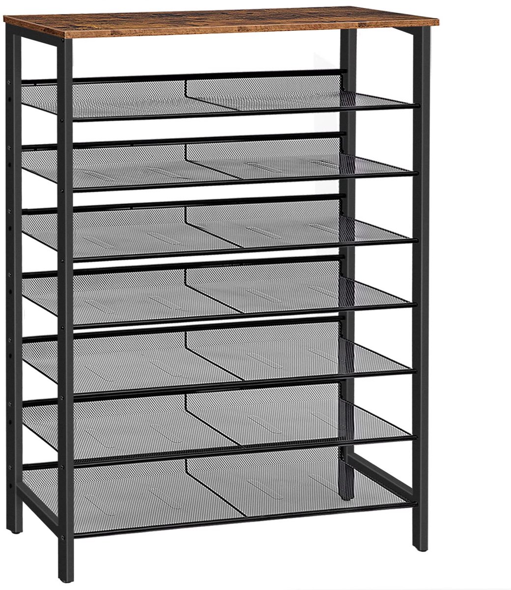 Famanu Schoenenrek met 8 niveaus, smal en hoog ontwerp van 100 x 30 x 137 cm, platte en kantelbare roosterplanken voor 32-40 paar schoenen, metaal, vintage bruin-zwart