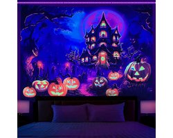 OSVINO Blacklight Castle Tapestry, 180 x 230 cm, Pumpkins, Castle, Moon, Psychedelic Tapestry Halloween Easter Neon - ShopVlot