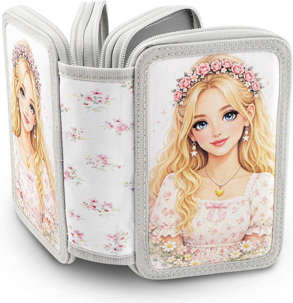 JTgugu Schattig pennenetui voor meisjes, 3 vakken, leeg, grote capaciteit, met poppendesign, ritssluiting, voor - ShopVlot