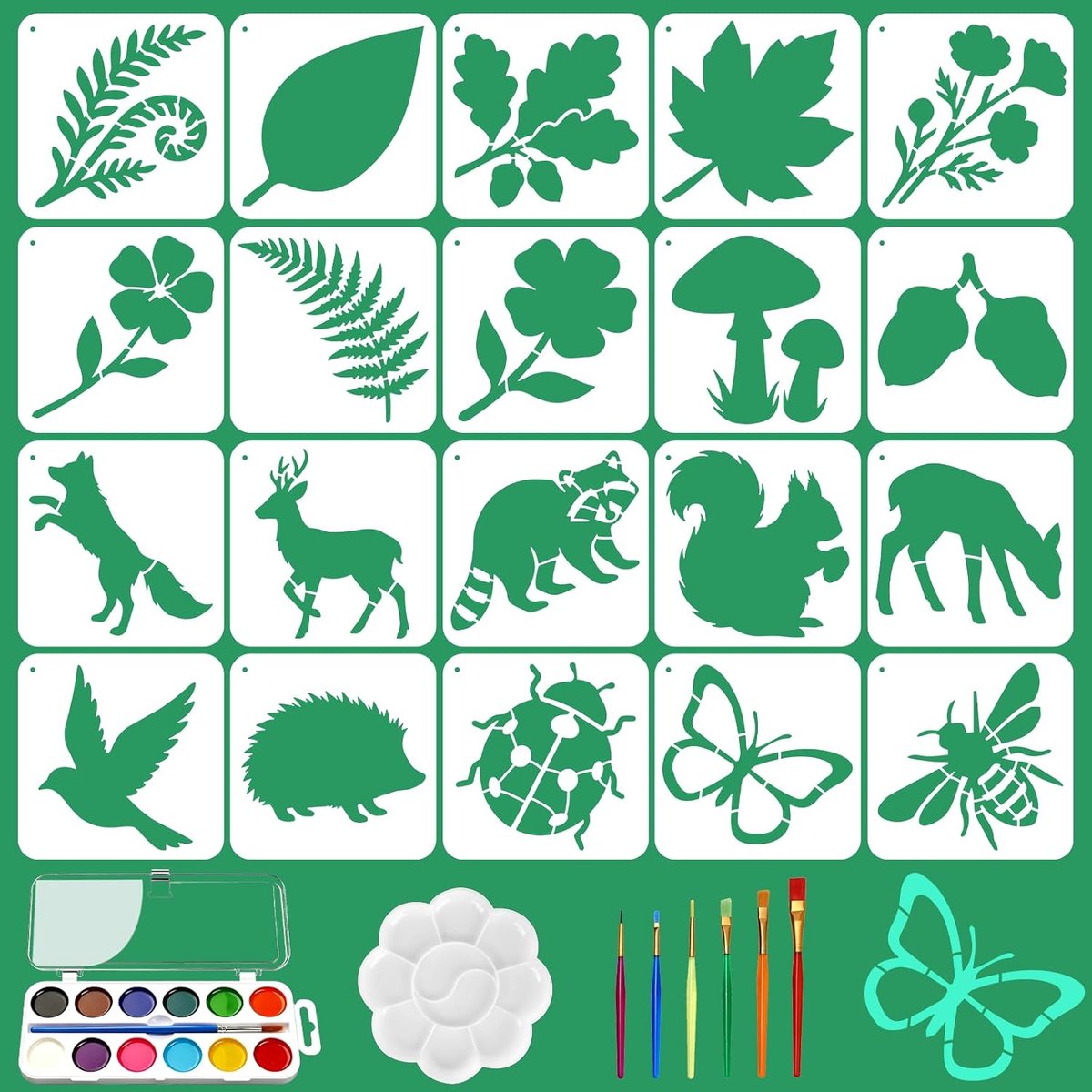 20 stuks planten- en diersjablonen om te beschilderen met kleurenset, natuurgeïnspireerde kunstsjablonen, herbruikbare - ShopVlot