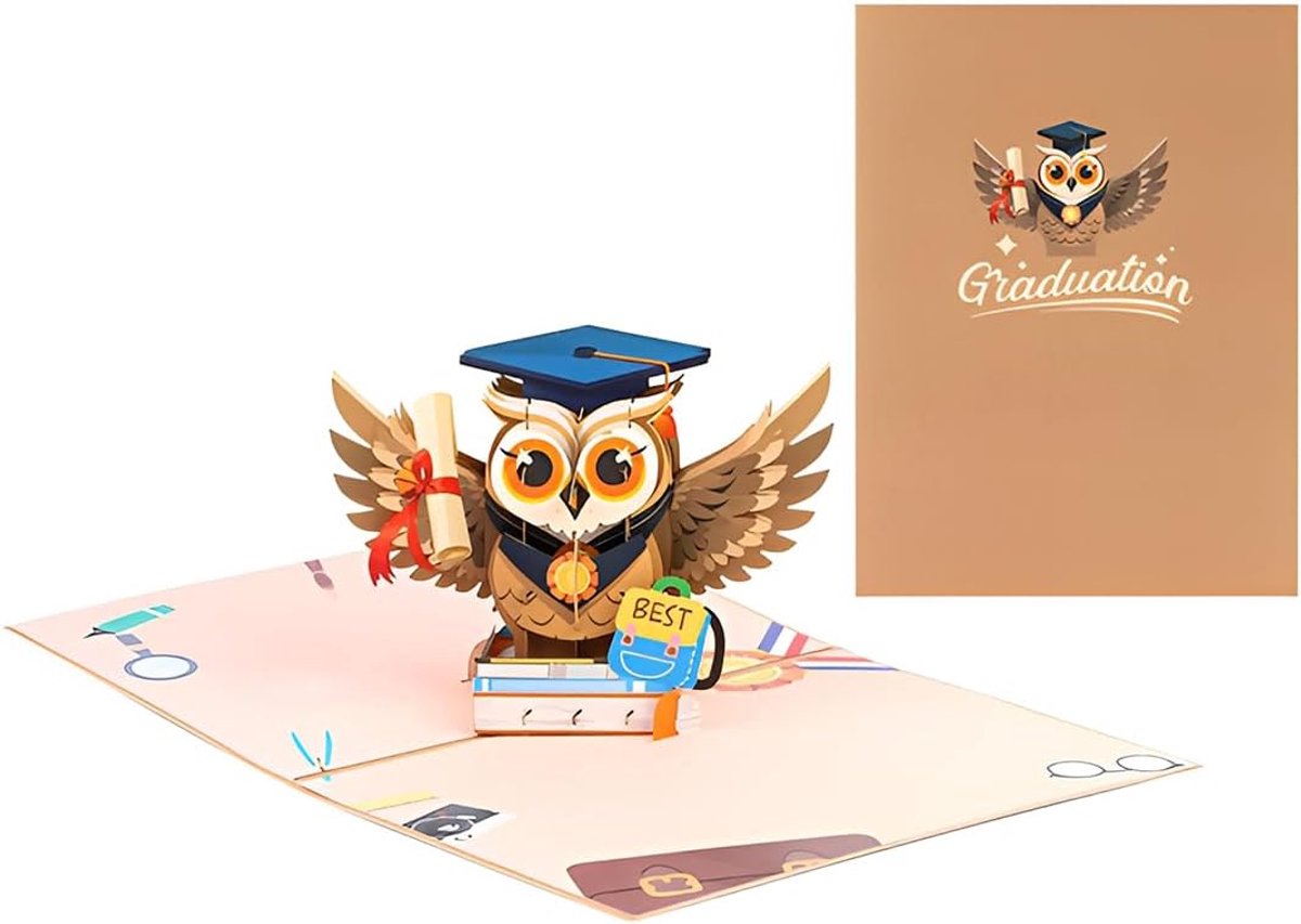 Pop-Up Kaart Uil met Doctorhoed – Grappige 3D felicitatiekaart & geldcadeau voor promotie, afstuderen & geslaagde - ShopVlot