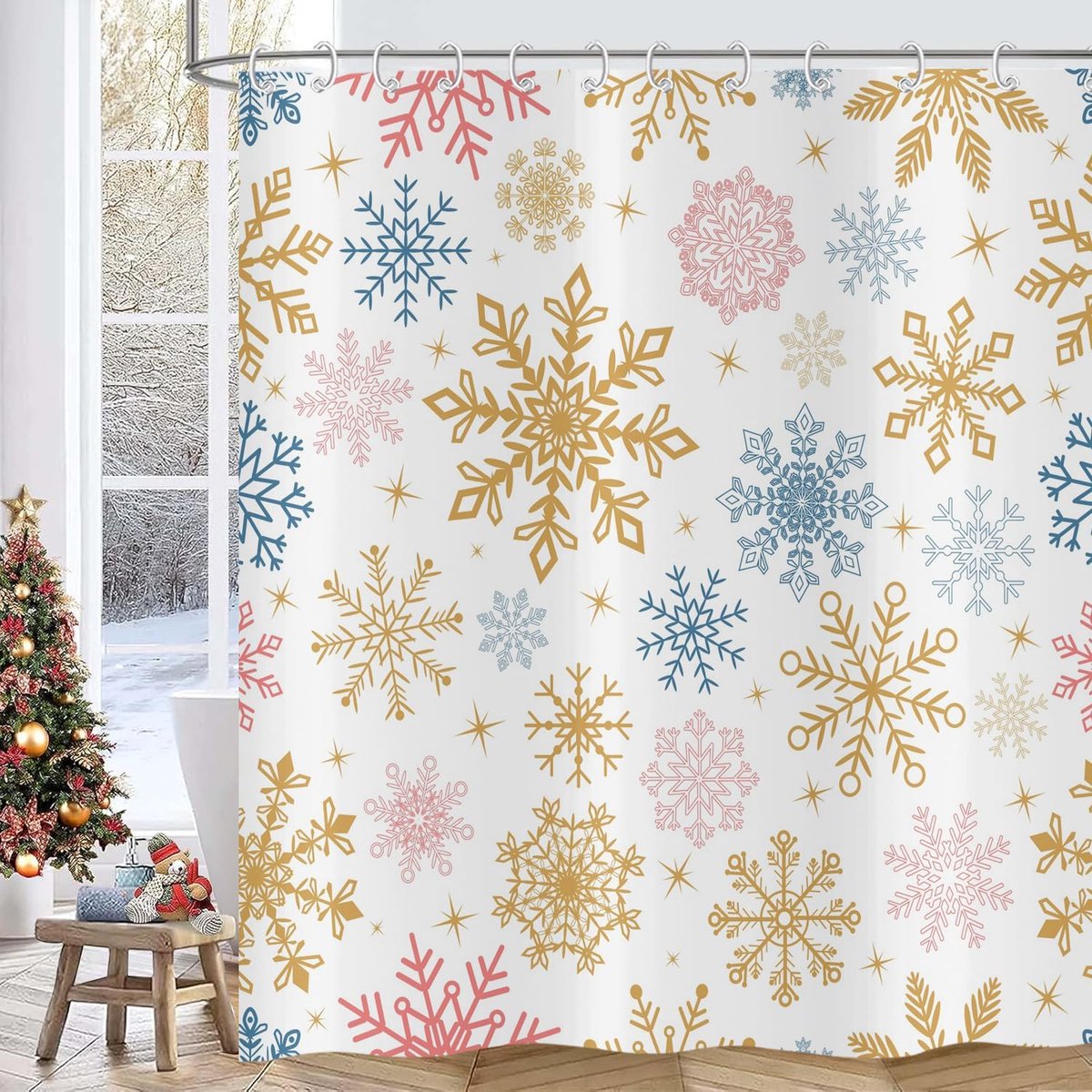 Kerst douchegordijn 180 x 200, geel en blauw sneeuwvlok wintervakantie nieuwjaar badkamer gordijnen waterdicht - ShopVlot