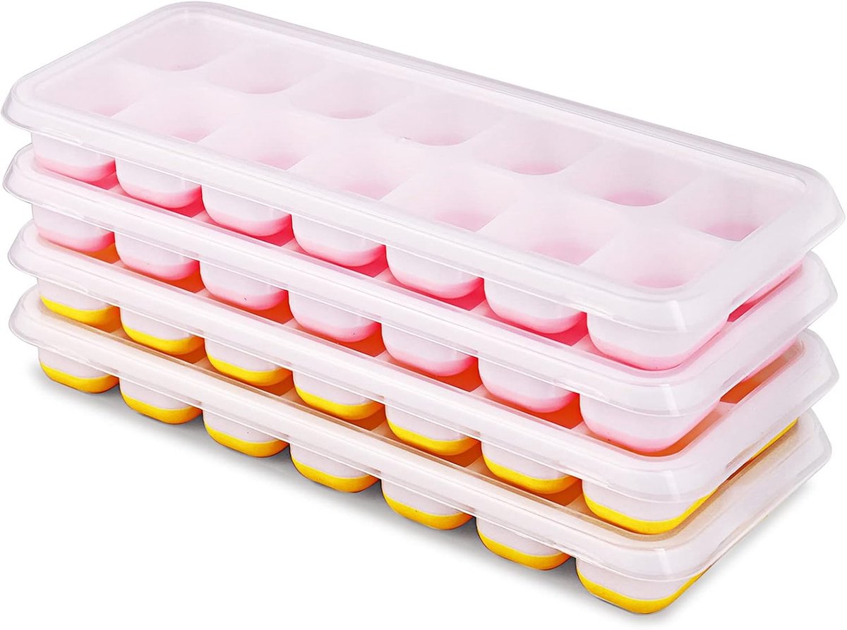 Ice Cube Mould, Pack of 4, Silicone with Lid, Square Ice Cube Trays, 14-fold, LFGB Certified (Orange/Pink/Pink) - ShopVlot