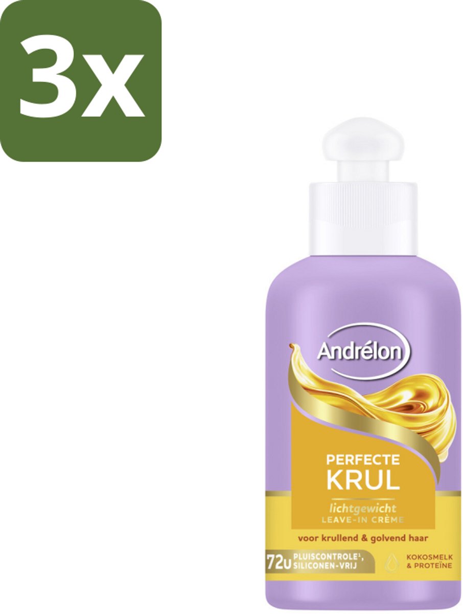3 x Andrélon – Leave-In Crème – Perfecte Krul – 200 ml - Krullen Verzorging - Pluisvrij Haar - Krullen Definieer - Krullen Veilig - Krullen Verzorging Crème