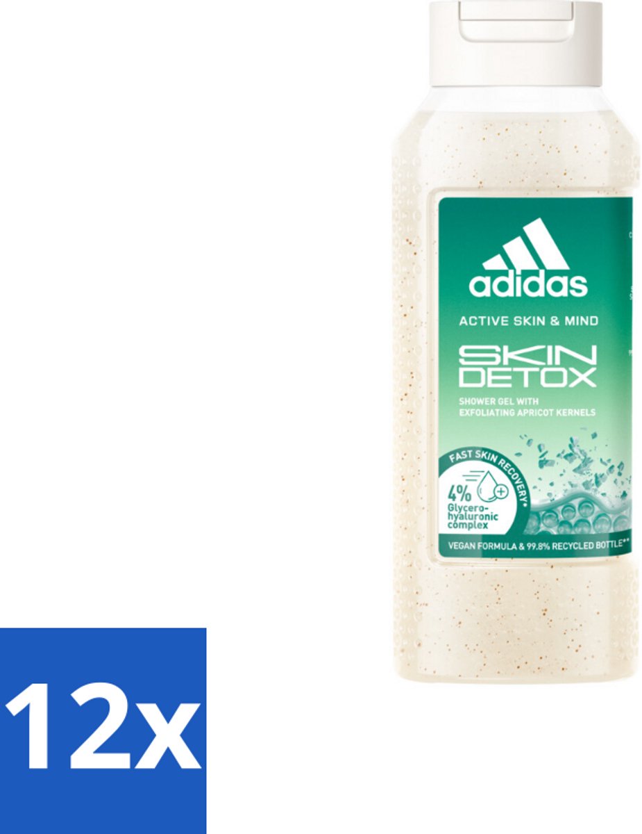 12 x Adidas – Douchegel – Active Skin & Mind Skin Detox – 250 ml - Douchegel - Huidverzorging - Detox - Exfoliatie - Abrikozenpit