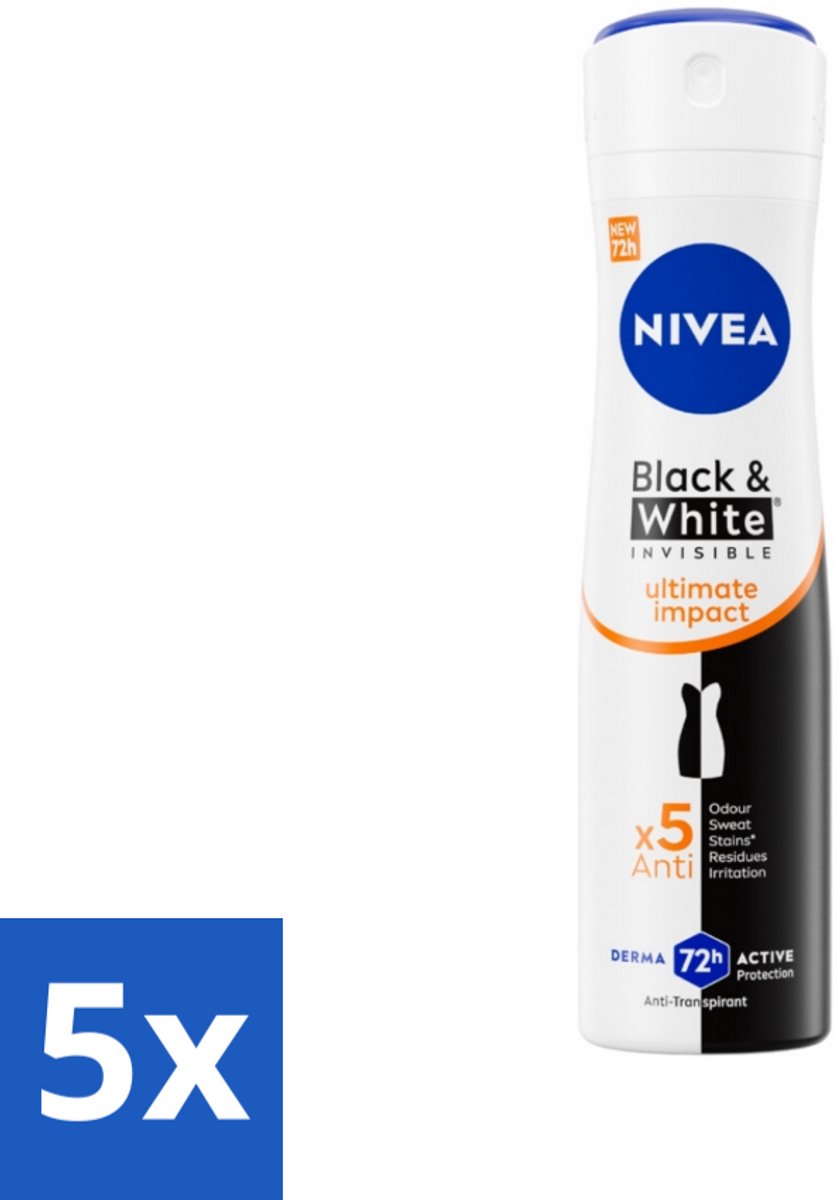 5 x NIVEA - Deodorant Spray - Zwart & Wit Ultieme Impact - Anti-Transpirant - 150 ml - Deodorant Spray - Anti-vlek - Anti-transpirant - Kledingzorg - Witte Vlekken