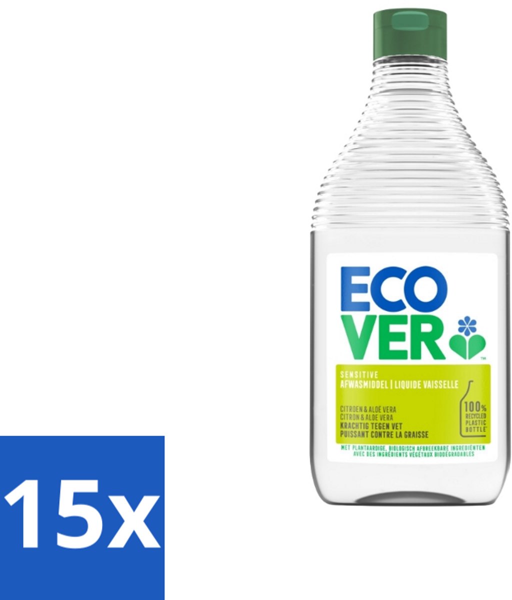 15 x Ecover - Afwasmiddel - Citroen & Aloë Vera - 450 ml - Afwasmiddel Citroen Aloë Vera - Plantaardig Afwasmiddel - Milieuvriendelijk Afwasmiddel - Biologisch Afbreekbaar Afwasmiddel - Huidvriendelijk Afwasmiddel