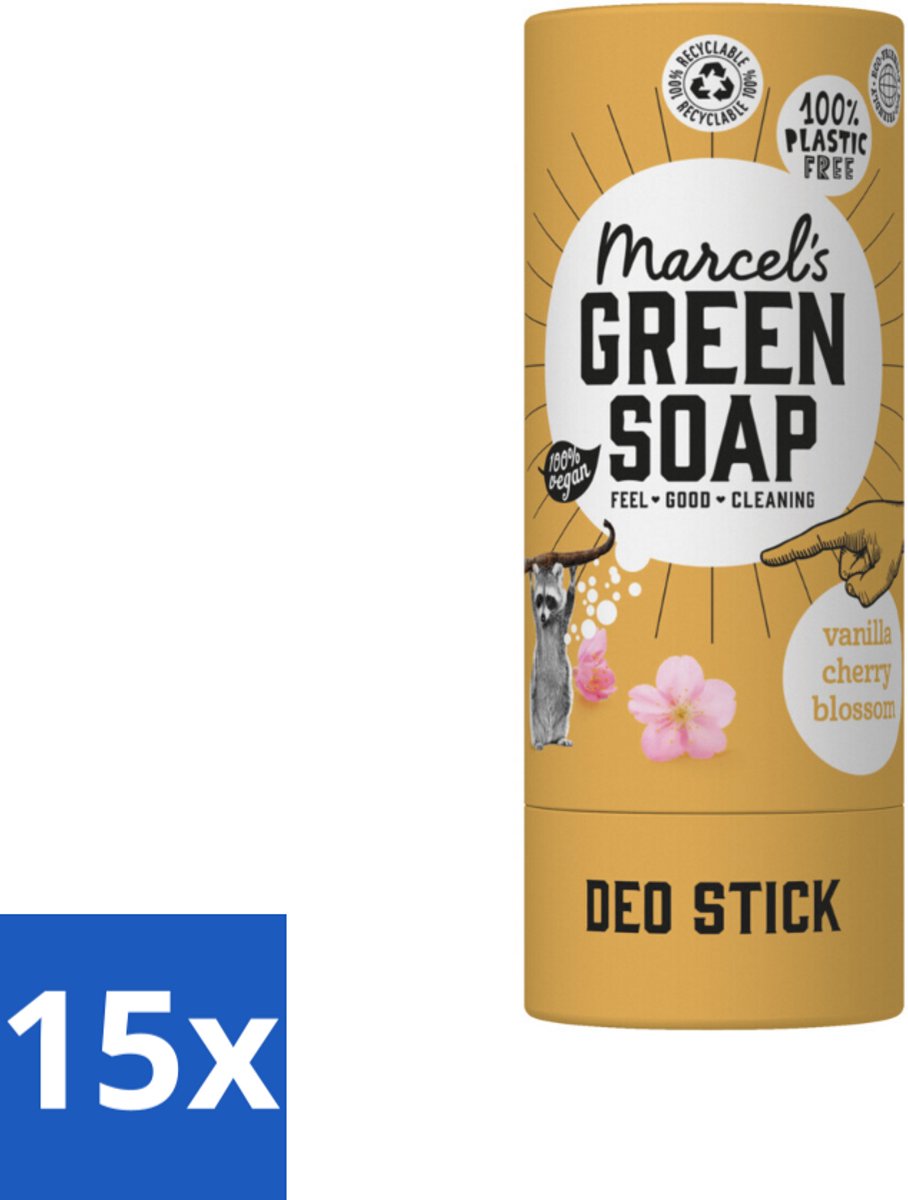 15 x Marcel's Green Soap - Deodorant Stick - Vanille & Kersenbloesem - Langdurige frisheid - 40 gr - Deodorant Stick - Vanille & Kersenbloesem - Duurzame Deodorant - Vegan Deodorant - Biologische Deodorant