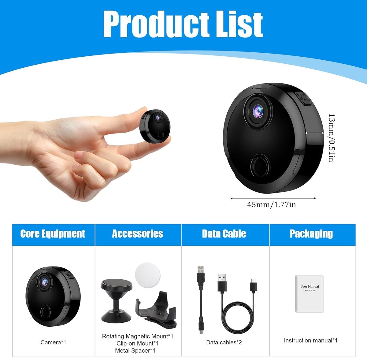 Wifi-bewakingscamera - Zwart - HD Miniatuur met Nachtzicht - Draadloze Camera met Bewegingdetectie - Voor Binnengebruik