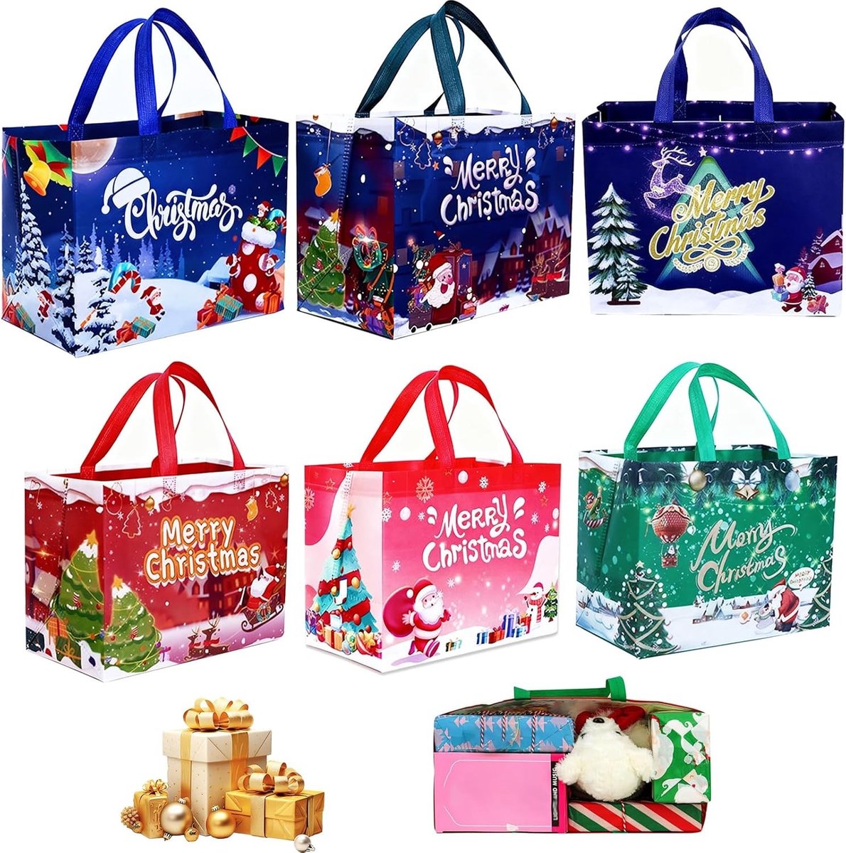 Kerst Cadeauzakken - Rood Groen Blauw - 32,5 x 25 x 17 cm - Herbruikbare Non-Woven Tassen - Voor Feestelijke Geschenken