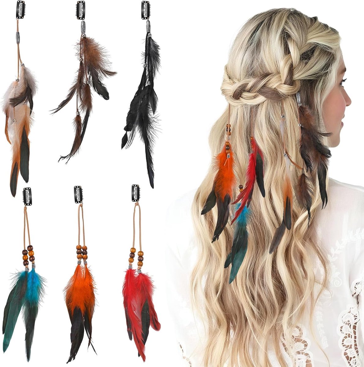 Feather Haar Clip Set 6 Stuks - Boho Hippie Accessoires - Handgemaakte Haarsieraden - Perfect voor Festivals - ShopVlot