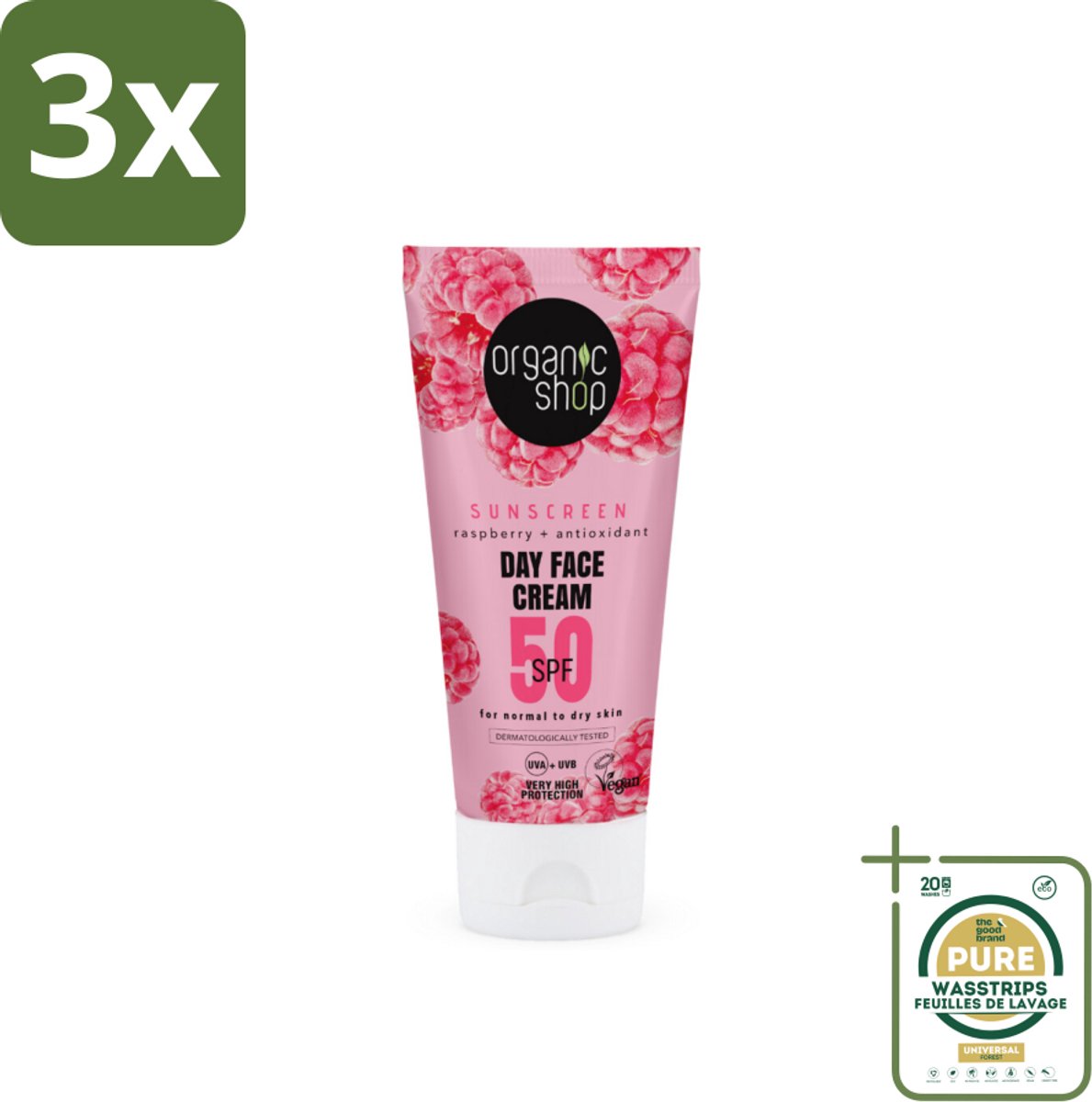 3 x Organic Shop - Zonnebrandcrème Gezicht SPF 50 - Normale Huid - 50 ml - Grootverpakking - Zonbescherming Gezicht - SPF 50 - Zonnebrandcrème - Huidbescherming - UVA UVB Bescherming