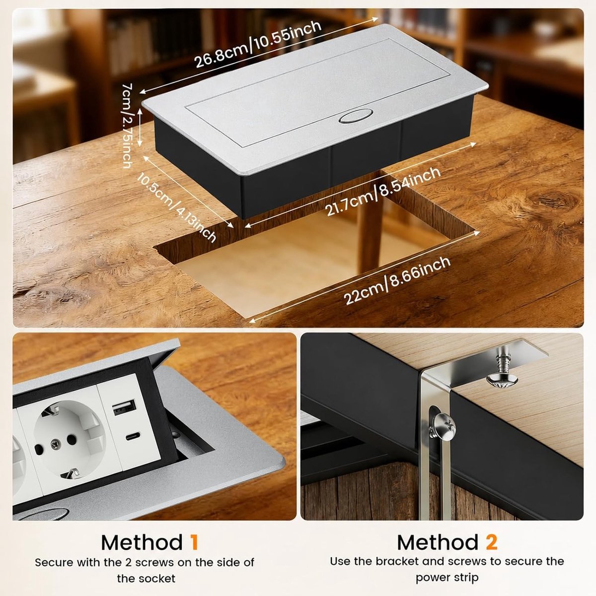 Inbouwstopcontact met USB - Zilver - Aluminium Tafelstopcontact met 3 Geaarde Stopcontacten - Voor Bureau en Kantoor