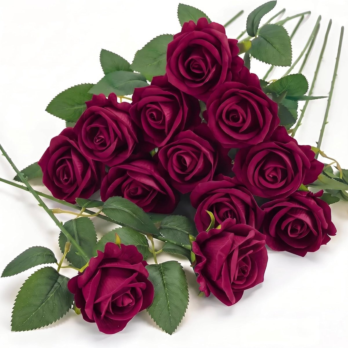 12pcs Dark Red Faux Velvet Roses Real Touch Single Long Handle Artificial Roses Red Roses Artificial Flowers for Home - ShopVlot