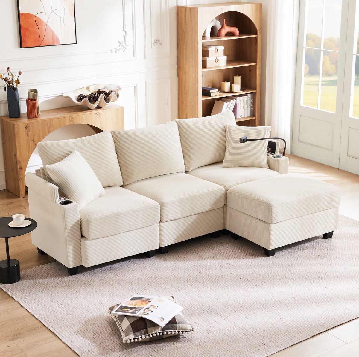 Hoekbank Met Verstelbare Opstelling - 3 Zits Met Voetenbank, Bekerhouder, Usb Oplaadpunt En Armleuning Opbergruimte - Voor Woonkamer, Kantoor En Appartement - Corduroy Beige