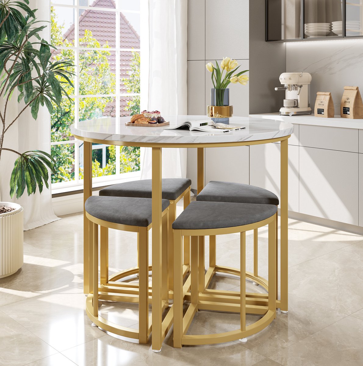 HAUSS SPOLE Eettafel Set - Ronde Tafel Met 4 Stoelen - Ruimtebesparend Voor Eetkamer En Keuken - MDF En Metaal - Wit Grijs - 80 Cm