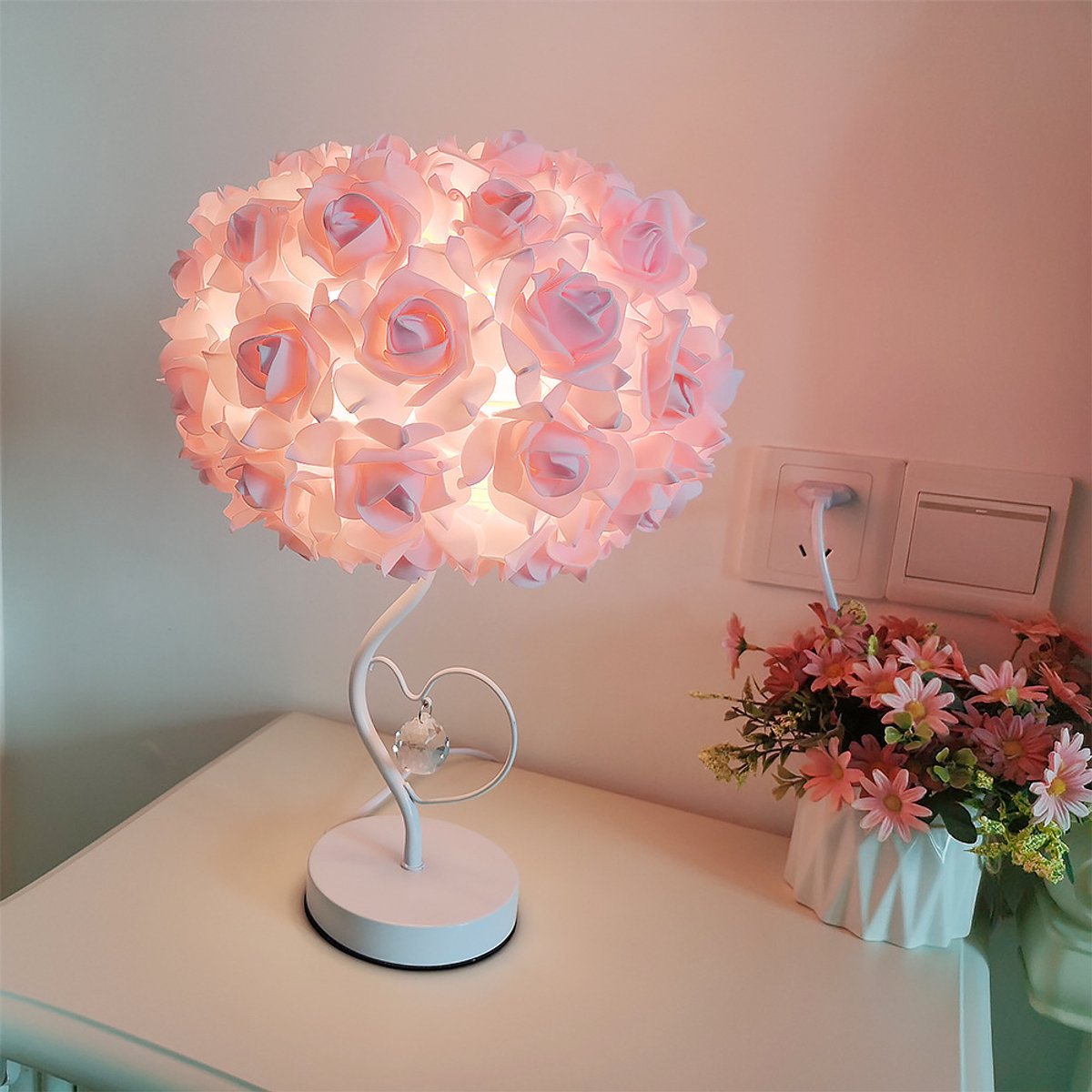 LISM-Roze rozenbloemenlamp, romantische nachtlamp, prinsessen tafellamp, nachtlampje, bureaulamp Geschikt voor de slaapkamer