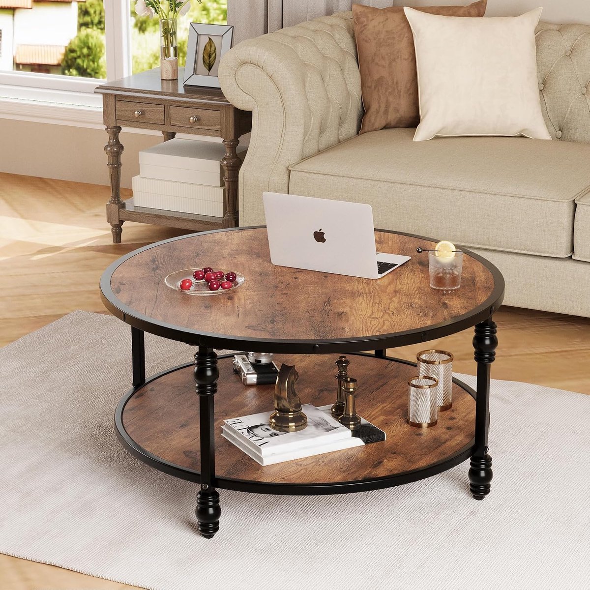 Ronde salontafel van met 2 niveaus – Vintage industriële stijl – Stevig houten blad met opbergplank – Eenvoudige montage – Perfect voor woonkamer of kantoor – Retro kleur