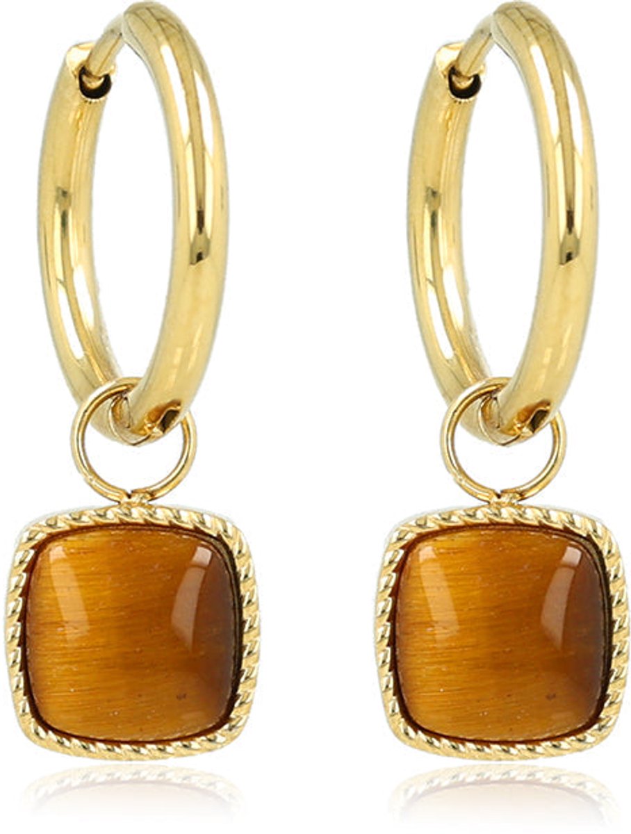 My Bendel - Goudkleurige Oorring met Vierkante Hanger van Tiger Eye - met Luxe Cadeauverpakking | Sieraden Voor Dames