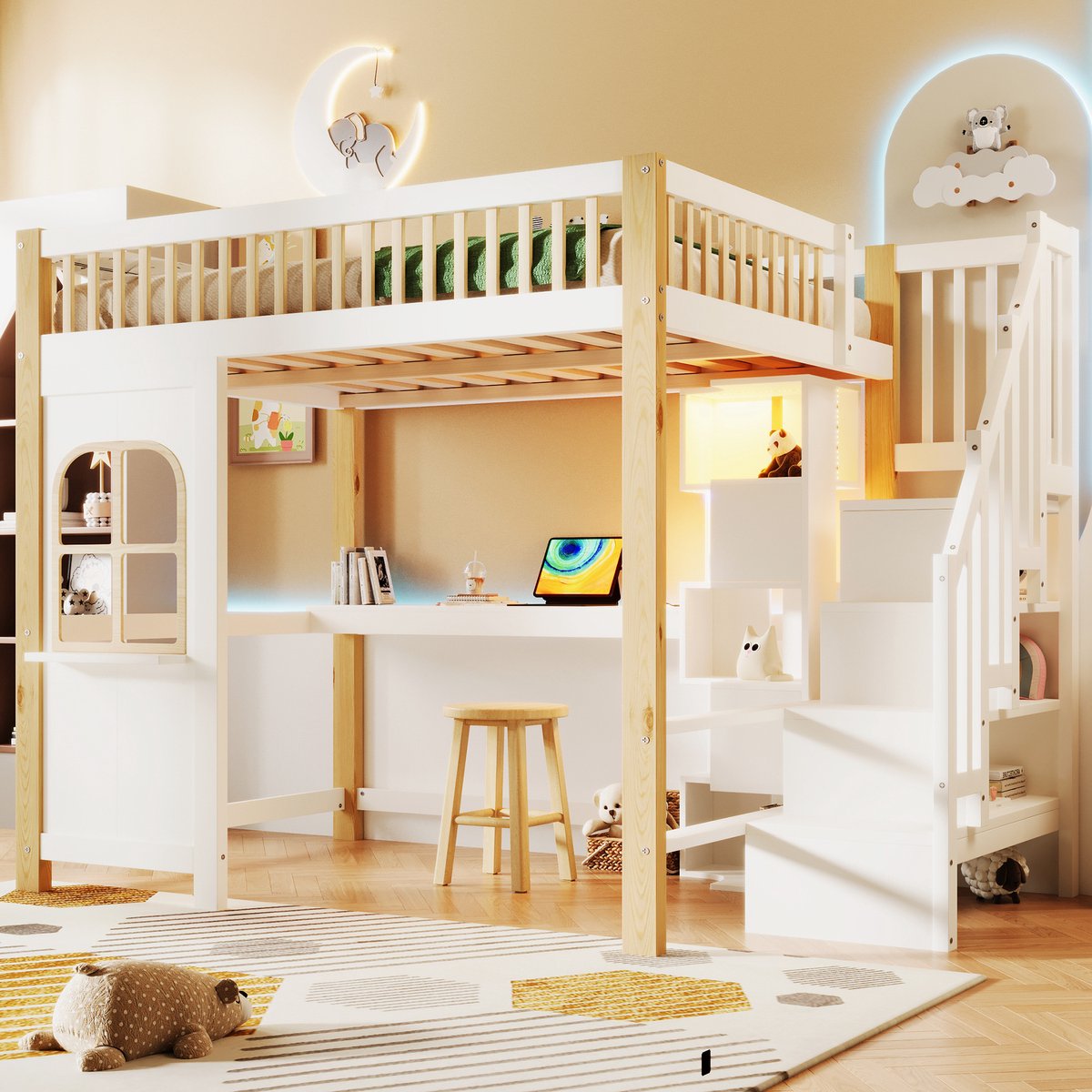 Hoogslaper - 140 x 200 cm - 2-persoons - met bureau - met opbergruimte - met LED-verlichting - met stopcontact - Wit en Naturel