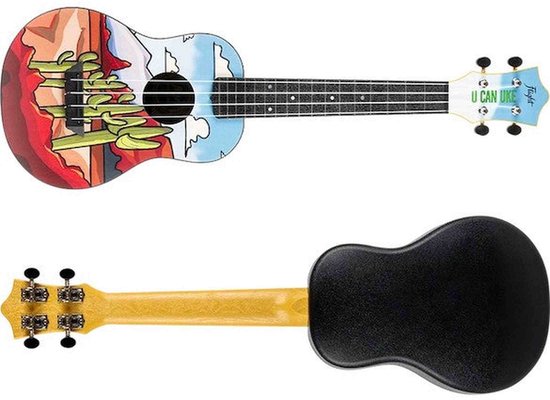 Ukulele met woestijnlandschap en ukulele kop met de tekst "U CAN UKE". Achterkant met zwarte body en gele hals.