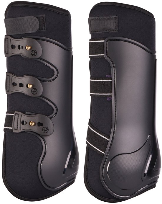 Zwarte paardenbeenbeschermers, set van twee, met klittenbandsluitingen en beschermende schaal.