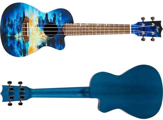 Boven- en onderaanzicht van een concert ukulele met abstracte stad-print op de klankkast en effen blauwe achterkant.