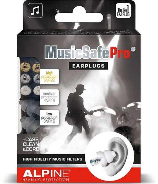 Verpakking van Alpine MusicSafe Pro oordoppen met transparante muziekfilters. Zicht op muziekfilters met SNR 16, 19 en 22. Een artiest wordt op de verpakking getoond, spelend op een gitaar.