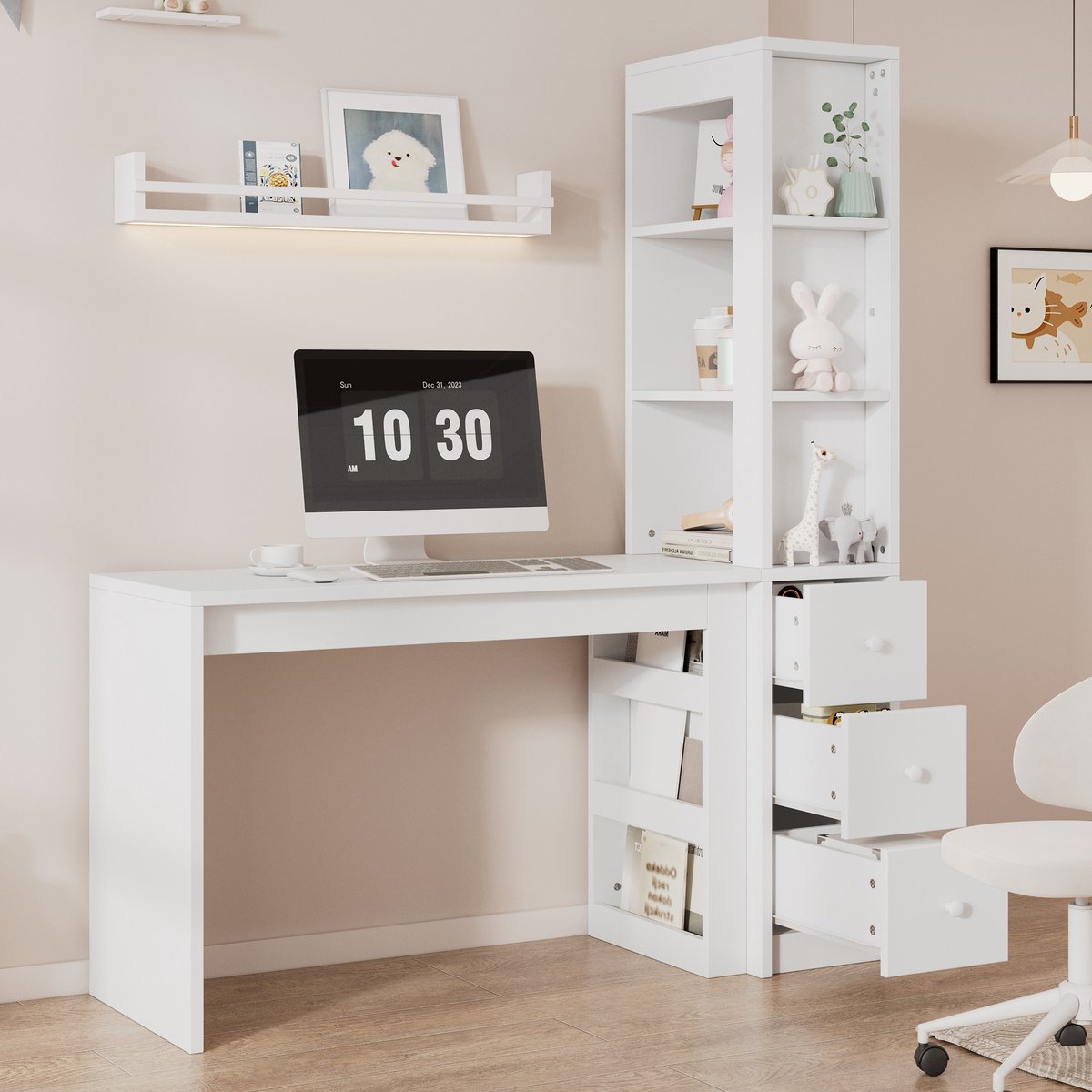 Bureau - met laden en opbergruimte - wit - afmetingen 150 x 50 x 180 cm - materiaal mdf - voor een praktische en georganiseerde werkplek
