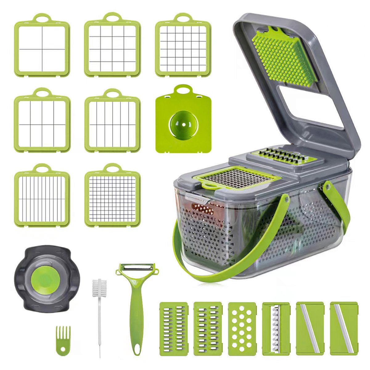 Groentesnijder Multifunctioneel-Mandoline - Voedselhakker - Uienhakker - Groentensnijder en spiralizer - Groentehakker met opbergbak - Geschikt voor aardappelen, wortelen, courgettes en uien - Onmisbaar keukenhulpje - 13-in-1 - Grijs