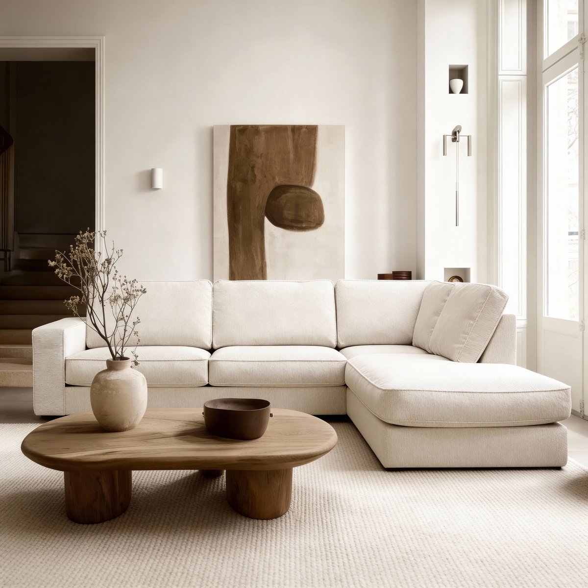 Giga Meubel Hoekbank Easton Egon Naturel – Rechts – 3-Zits – Stof – 295x214x85 cm
