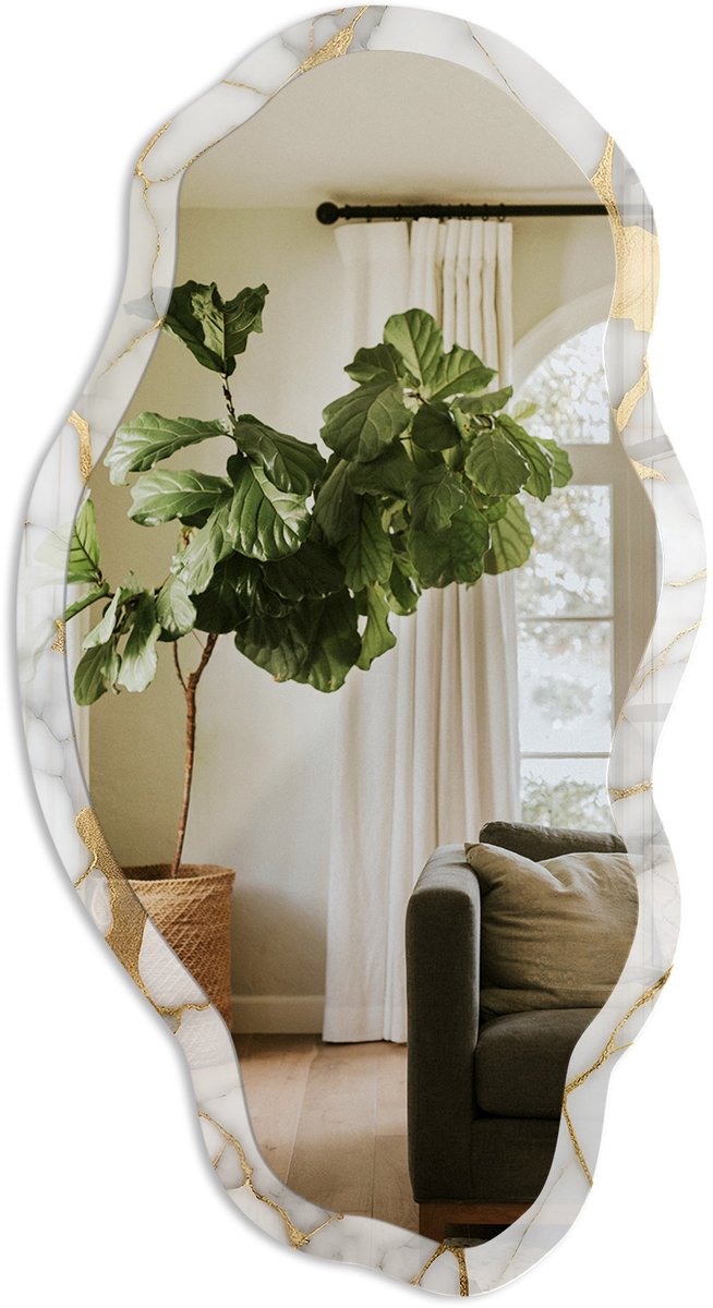TULUP Gele Marmer Spiegel - Wit Rechthoekige Spiegel Met Modern Design - Organische Spiegel - Badkamer, Woonkamer, Keuken - Minimalistisch - 45x90 cm - Totale afmeting 52x97 cm Geel, Wit Marmer