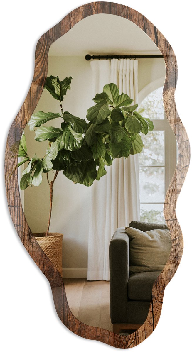 TULUP Houten Constructie Spiegel - Bruin Rechthoekige Spiegel Met Modern Design - Organische Spiegel - Woonkamer - Rustiek - 45x90 cm - Totale afmeting 52x97 cm Houten StructuurPrint, Bruin