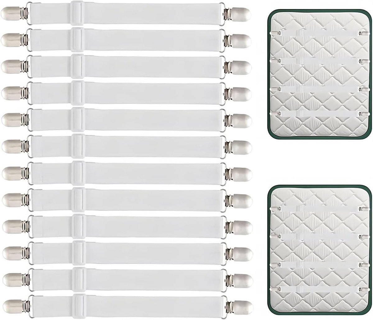 wirsindeins 12 pieces bed sheet tensioners, adjustable with metal clips, for mattresses, ironing board cover and sofa - ShopVlot