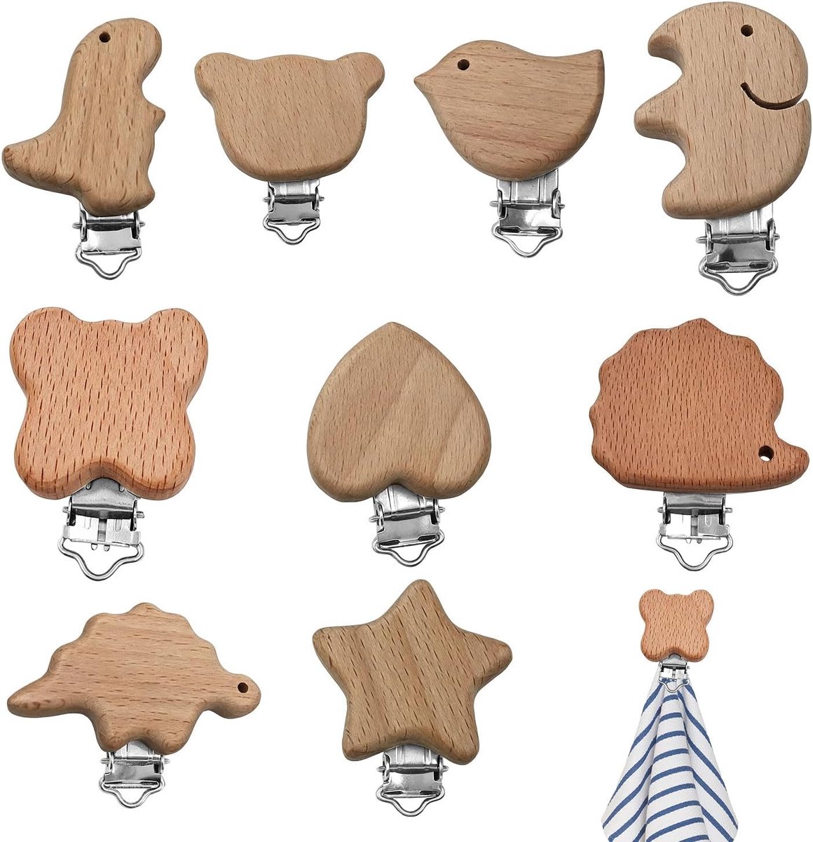 Houten clips naturel 9 stuks - Decoratieve knijpers - Metalen sluiting - Voor cadeauverpakking - ShopVlot
