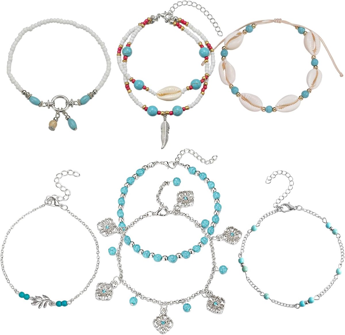 Boheemse enkelbandjes 8 stuks - turquoise parels - vintage schelp - trendy zomeraccessoire - ShopVlot