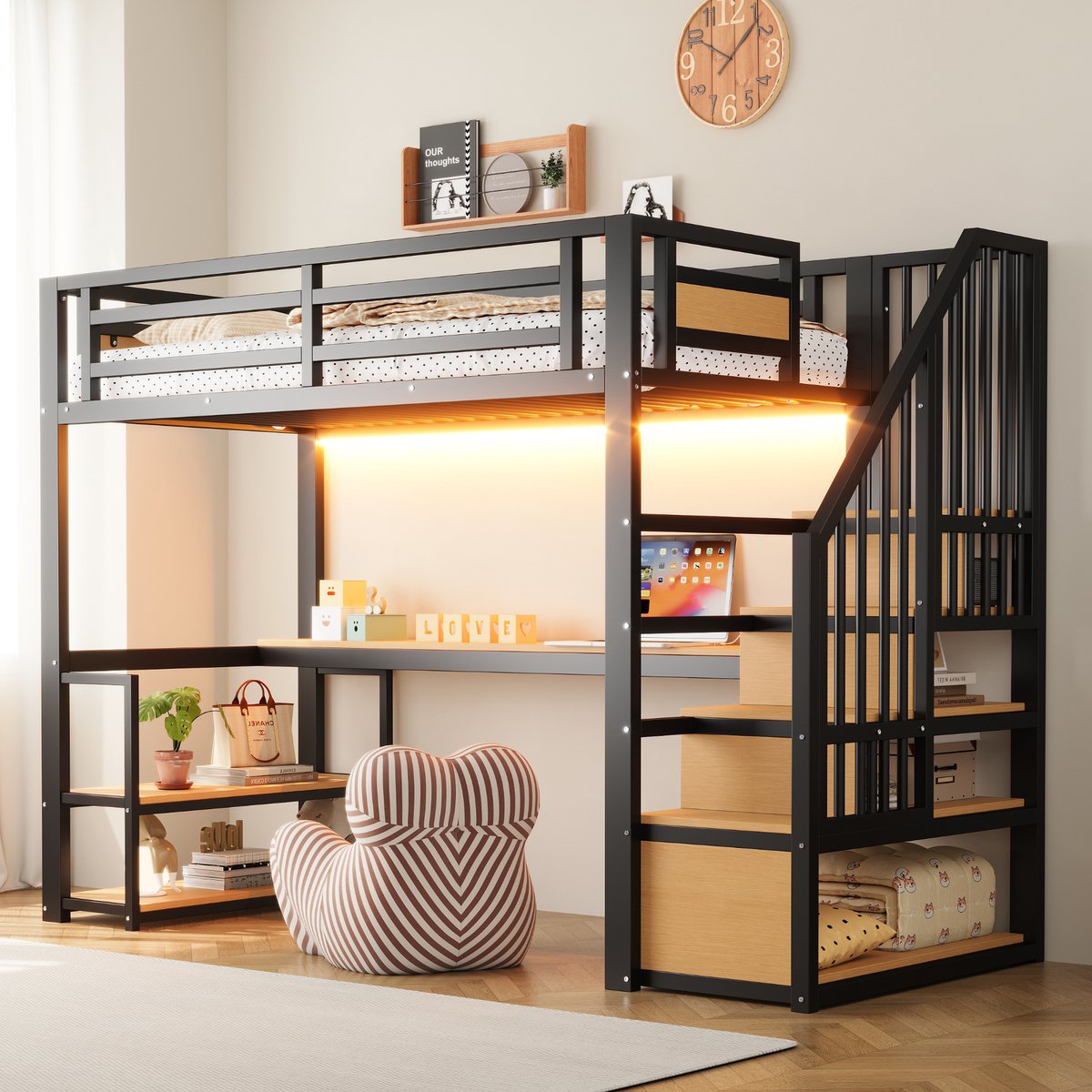 MEUNIQ Metalen hoogslaper 90 x 200 cm met veiligheidsrail, trap met opbergruimte, bureau en planken - zwart