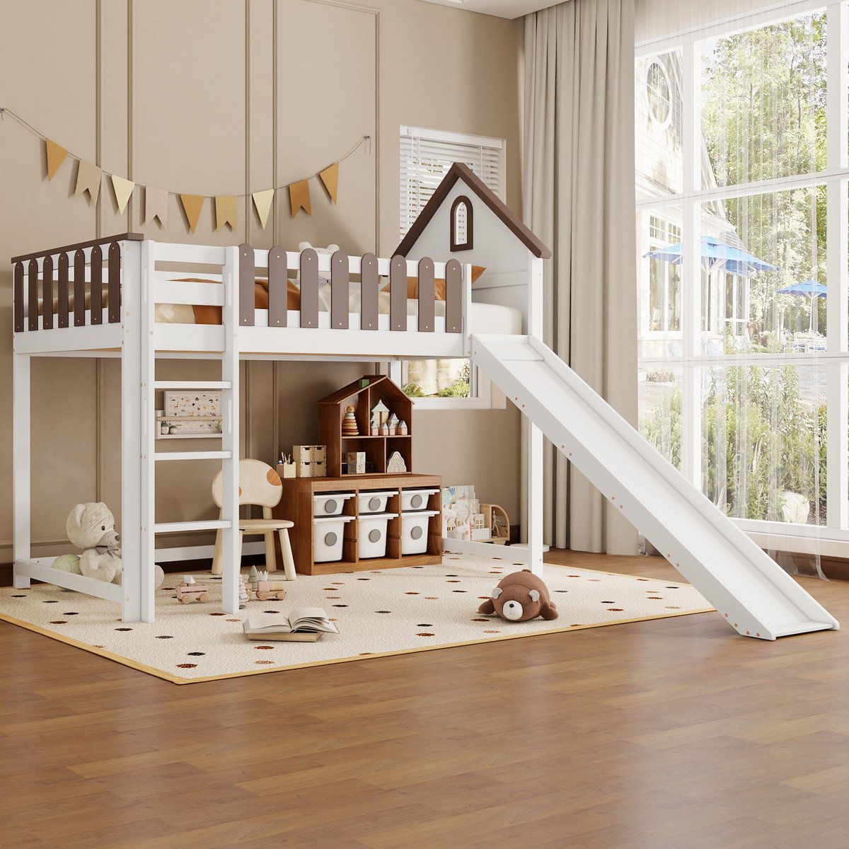MEUNIQ hoogslaper 90 x 200 cm met huisbed-design, raamdetails, rechte 3-traps ladder, glijbaan en veiligheidshek voor kinderkamer White