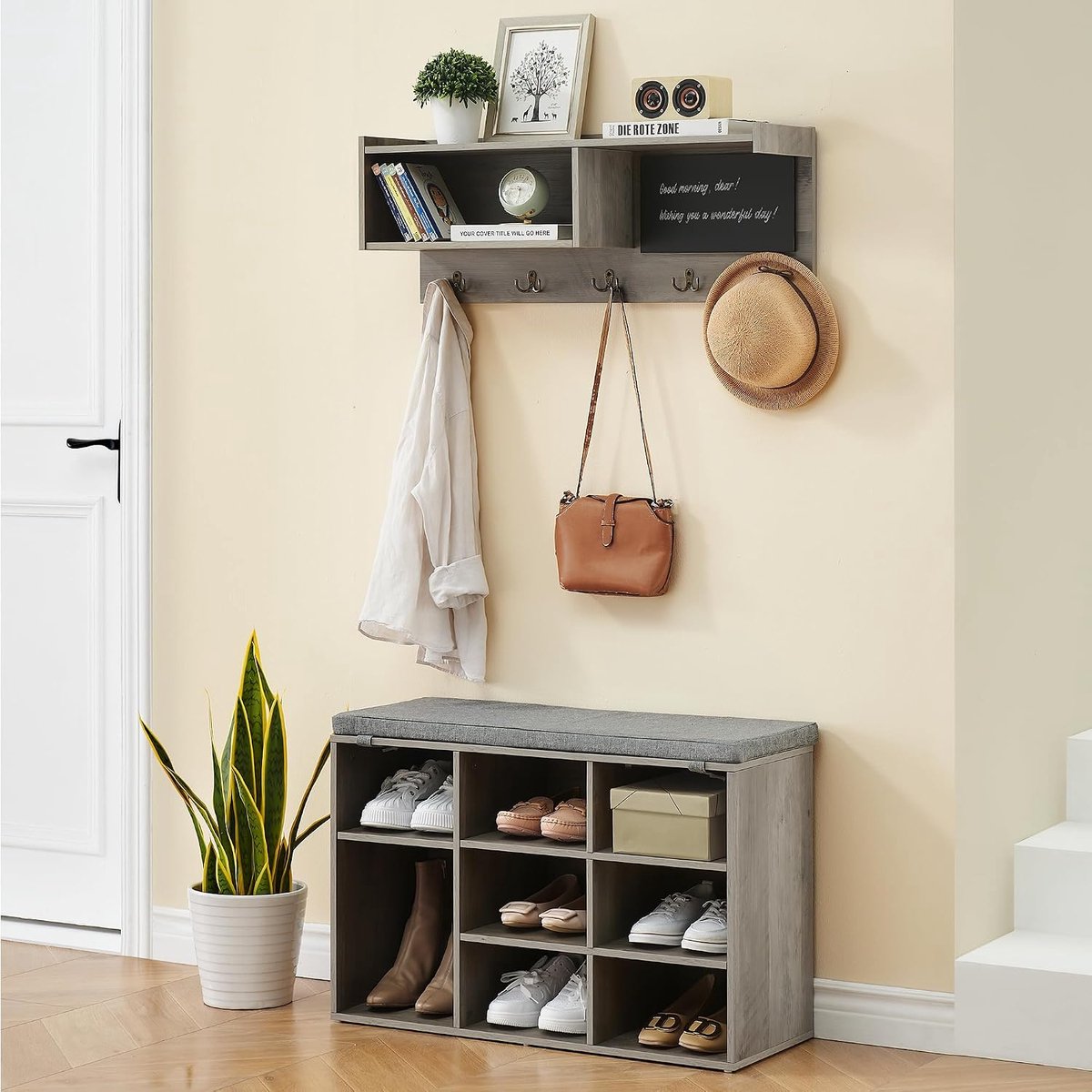 6-in-1 halmeubel met schoenenbank en kapstok, wanddecoratie – 5 haken, 9 vakken, boekenplank, krijtbord, industriële stijl – Grijs, 80 cm