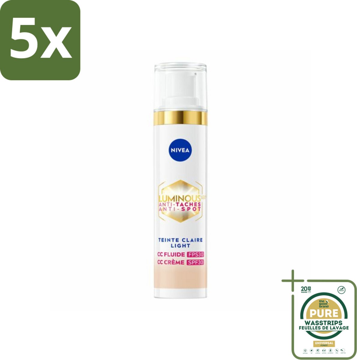 5 x NIVEA - Cellular LUMINOUS630 CC Crème Licht - Gekleurde Dagcrème - Tegen Pigmentvlekken - SPF 30 - 40 ml - Grootverpakking - Pigmentvlekken - Pigmentatie - Zonbescherming - CC Cream - Huidverzorging