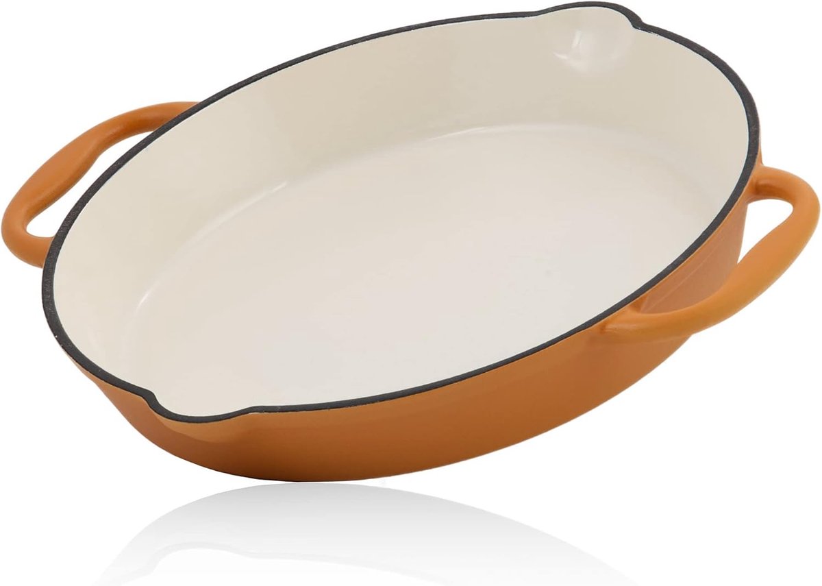 SnelShoppen - Gietijzeren Pan Emaille Ø 29 cm | Zonnetje Oranje | Gietijzeren Koekenpan met Twee Handgrepen en Twee Uitloop Tabs | Gietijzeren Bakpan,