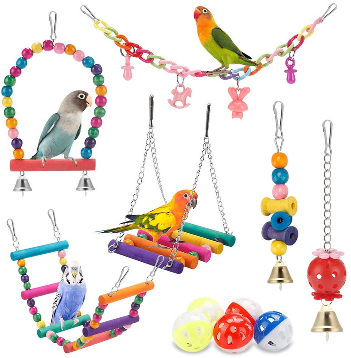 Vogelspeelgoed voor parkieten - 11-delige houten set met schommel, ladder en hangmat - kauw- en klimspeelgoed met belletjes - ophangbaar voor vogelkooien