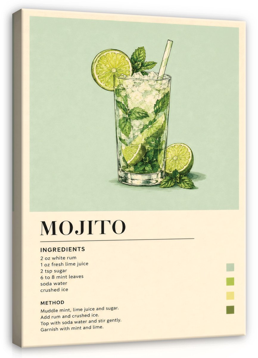 WALLARENA Schilderij op canvas - 60x40 cm - Mojito cocktailrecept in retrostijl - keuken wanddecoratie en bar decoratie Groen