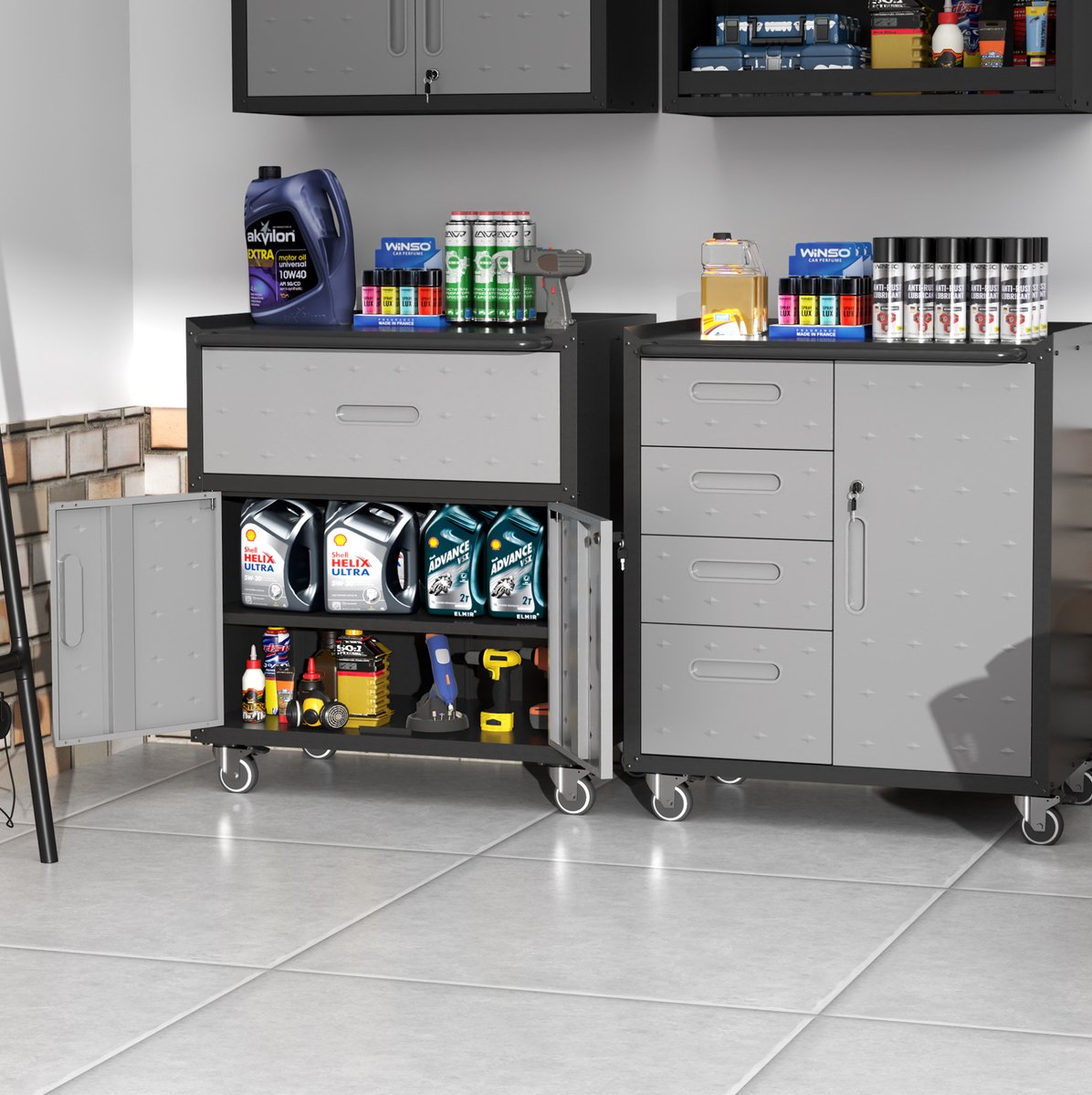 REDOM - Gereedschapskast - Met 4 laden en afsluitbaar vak - Verrijdbaar met vergrendelbare wielen - Werkplaats, garage en kantoor - Metaal en staal - Zwart/Grijs - 75 x 42 x 88 cm