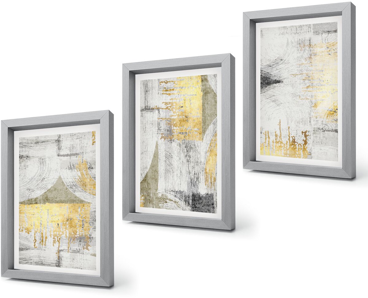 Coloray 4-Delige Schilderij Set - Abstracte minimalistische, modieuze schilderpatronen - 20 x 30 cm - Wanddecoratie - Muurdecoratie - Woonkamer - Woonkamer Decoratie Zilveren lijst